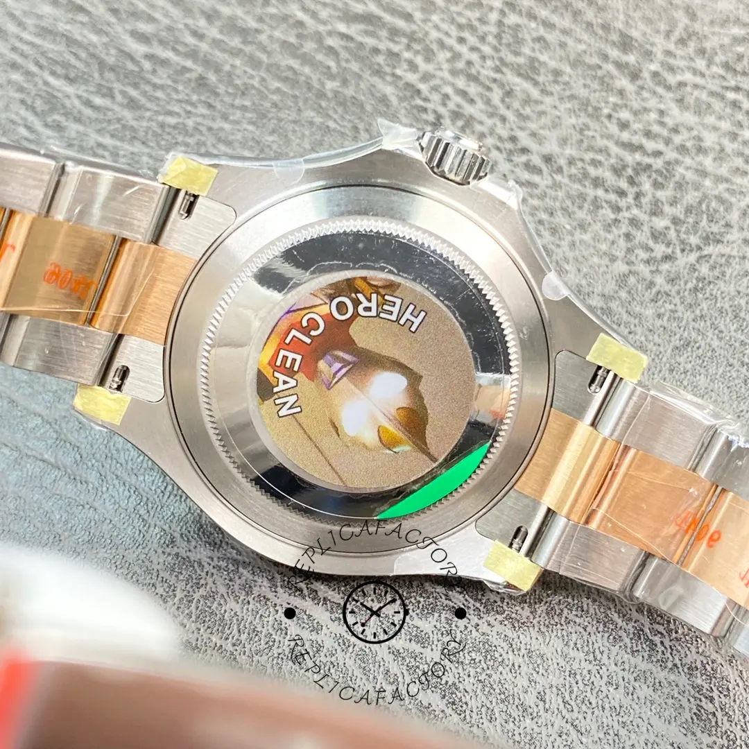 Caseback close-up of Rolex Yacht-Master 116621, two-tone case and bracelet.
