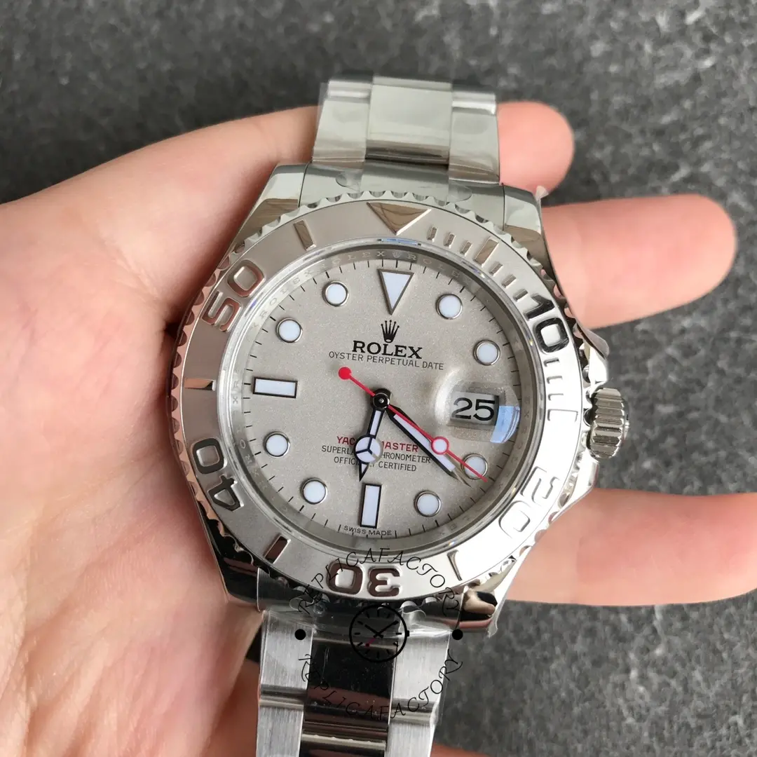 Rolex Yacht-Master 168622, hand-held front view showing silver dial and bezel numerals.