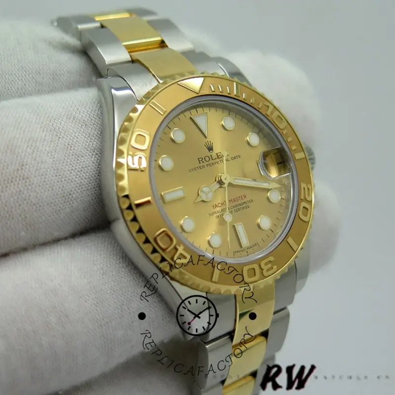 Glove-held view of the Rolex Yacht-Master 168623 showing gold bezel and champagne dial.