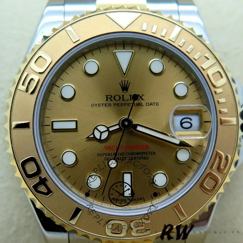 Dial close-up of the Rolex Yacht-Master 168623 showing date window, markers, and bezel numerals.