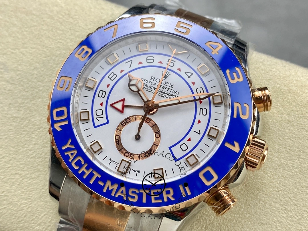 Bezel close-up of the Rolex Yacht-Master II 116681 showing blue ceramic bezel numerals.