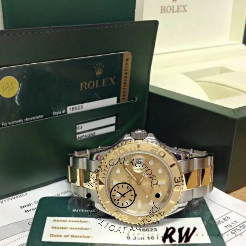 Full set display of the Rolex Yachtmaster 16623 with box, cards, and champagne dial watch.