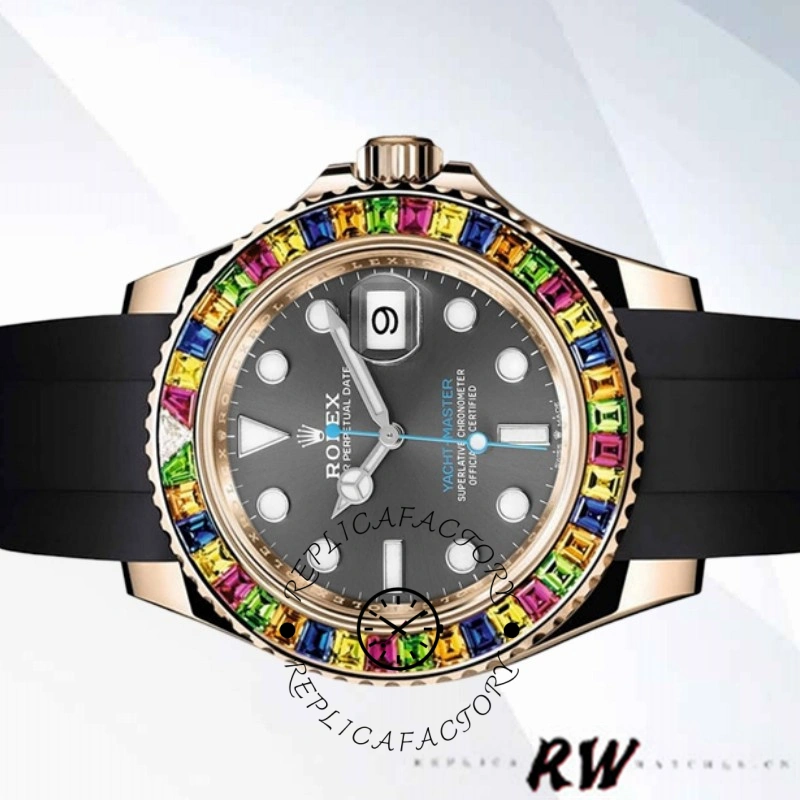 Three-quarter view of Rolex Yacht-Master 116695 on rubber strap, showing full case.