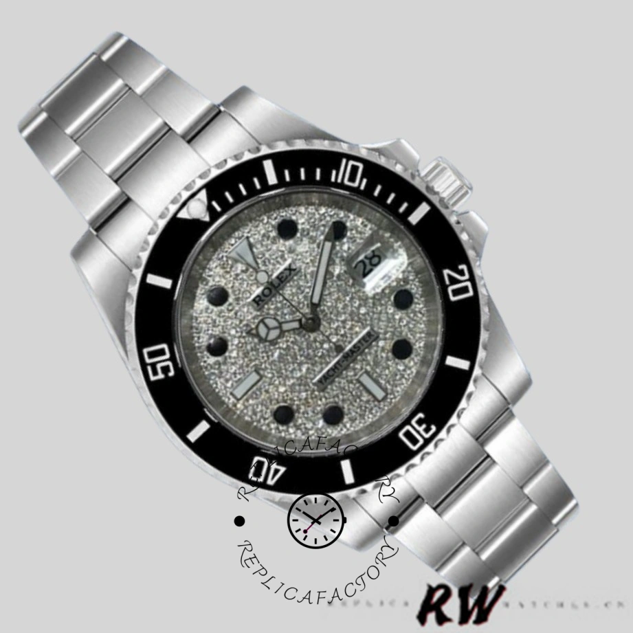 Angled view of Rolex Yacht-Master 116695 showing diamond pavé dial and black bezel.