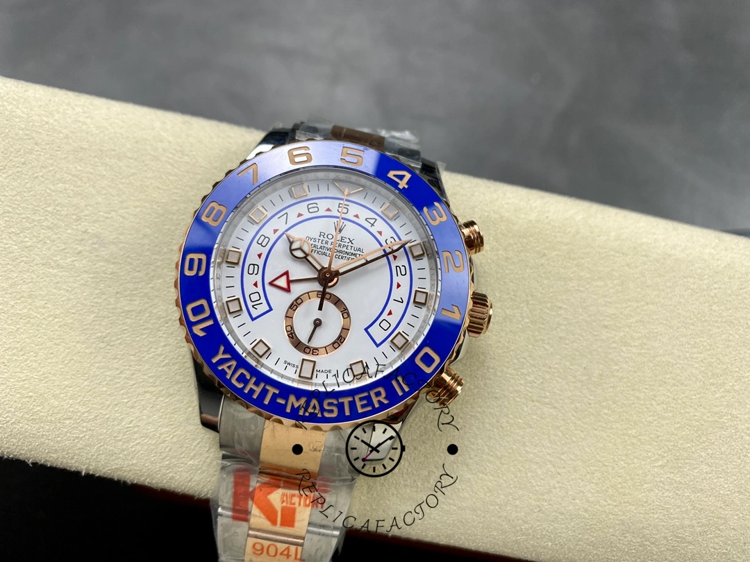 Rolex Yacht-Master II 116681 on pillow, full watch view with the case.