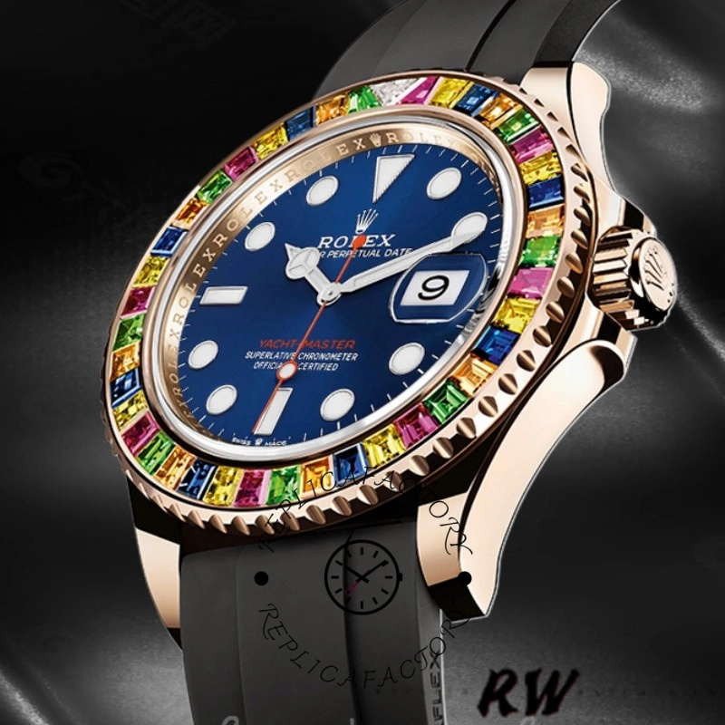 Studio angled view of the Rolex Yacht-Master 116695 showing blue dial and rainbow bezel on strap.