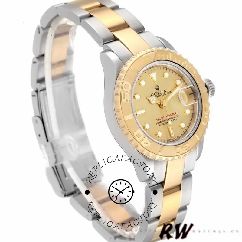 Angled view of Rolex Yacht-Master 169623 showing two-tone case and champagne dial.