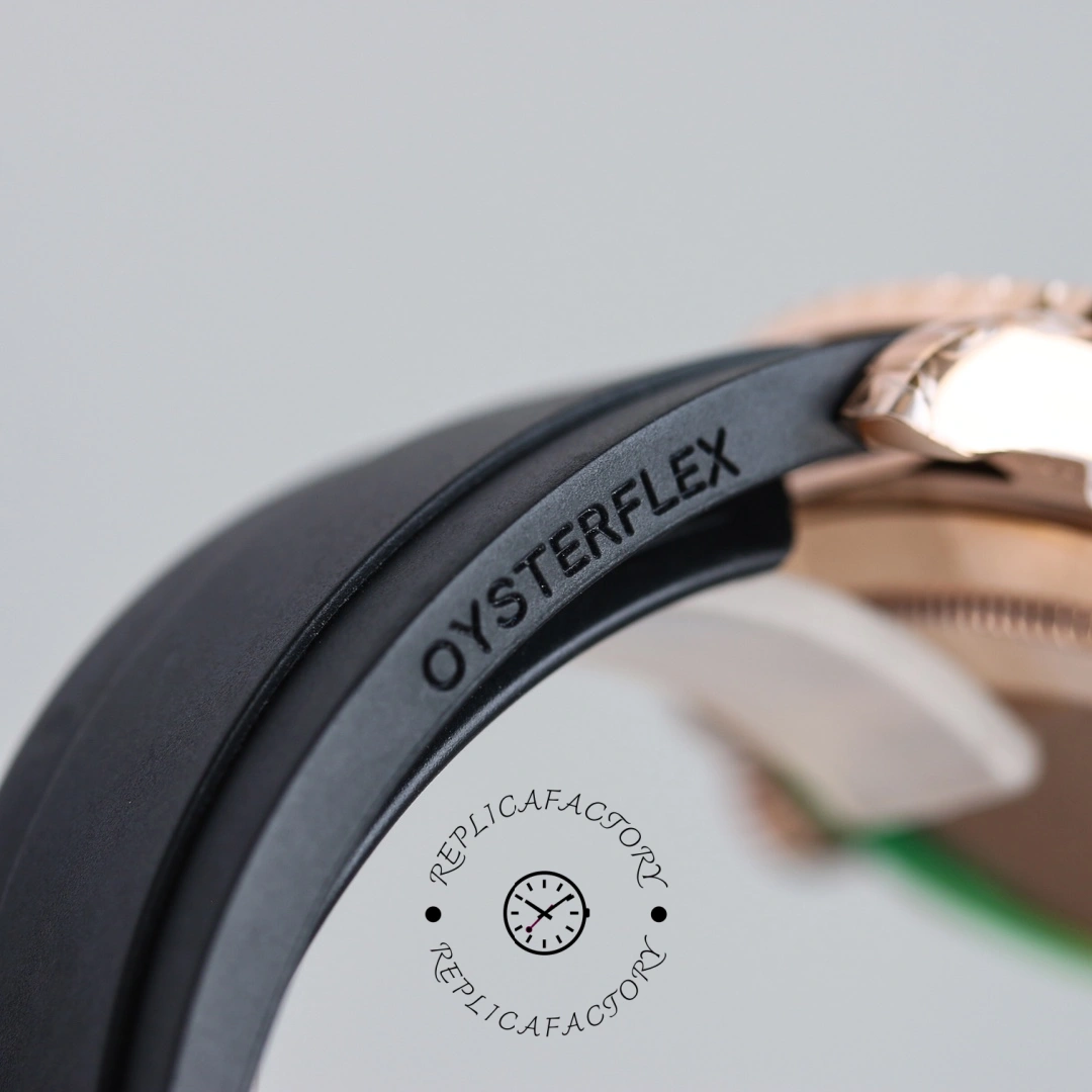 Rolex Yacht-Master 116655, strap close-up showing Oysterflex text on rubber strap.