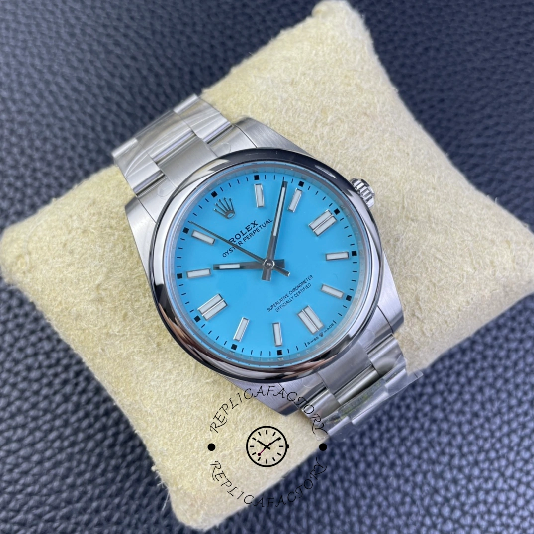 Rolex Oyster Perpetual 41 m124300 0006, angled pillow view showing dial and case shape.