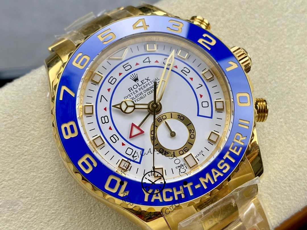 Bezel text close-up of Rolex Yacht-Master II 116688 showing “YACHT-MASTER II” ring.