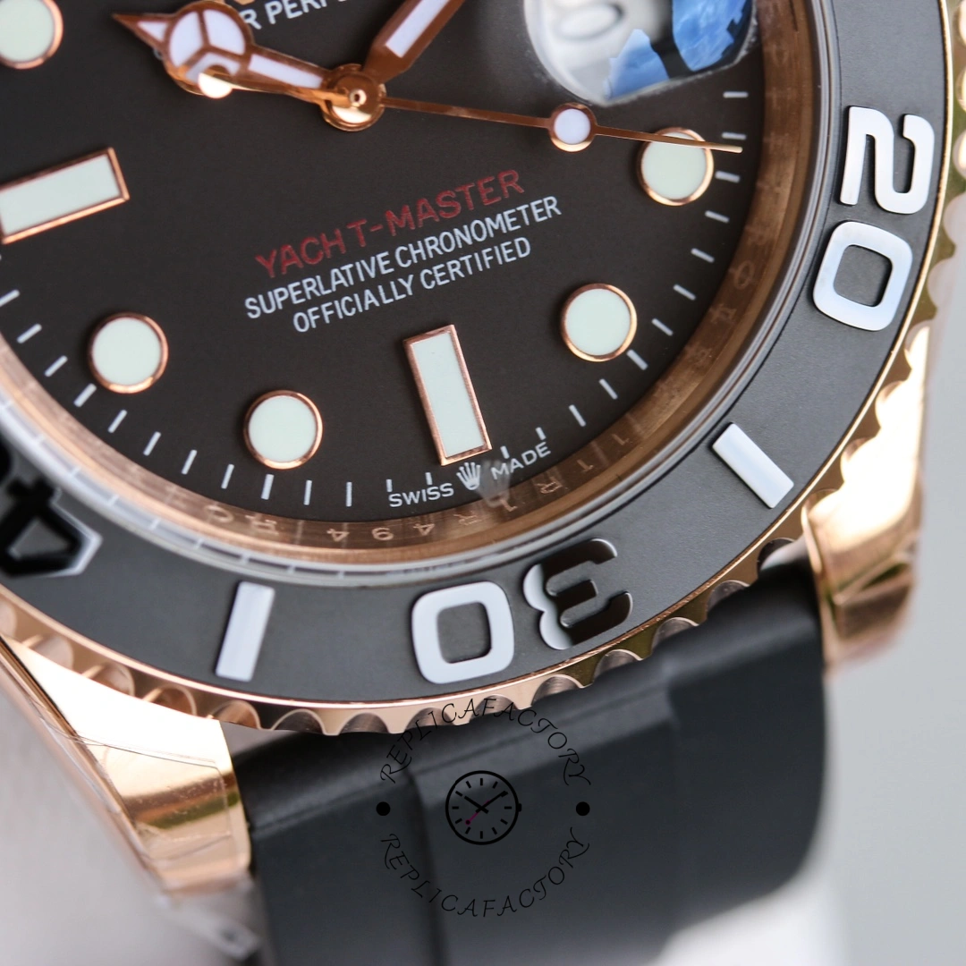 Rolex Yacht-Master 116655, bezel macro showing black ceramic insert and markings.