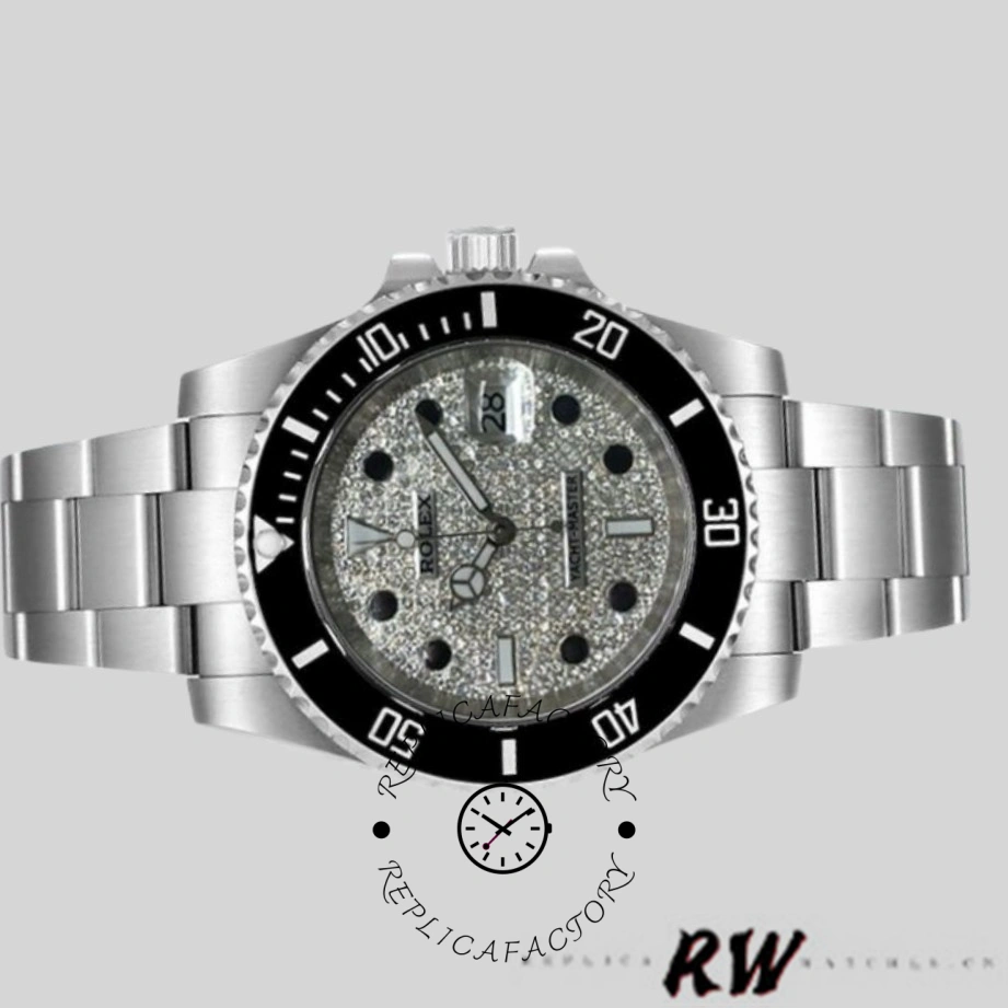 Full watch view of Rolex Yacht-Master 116695 with diamond pavé dial and black bezel.