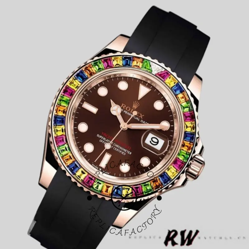 Rolex Yacht-Master 116695 angled view, brown dial and rainbow bezel, black rubber strap.