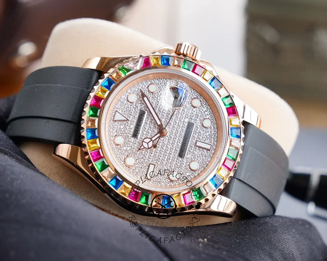 Wrist-angle shot of the Rolex Yacht-Master 116695SATS showing rainbow bezel and diamond dial.