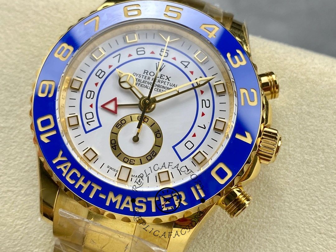Dial macro of Rolex Yacht-Master II 116688 showing hands, markers, and subdial details.