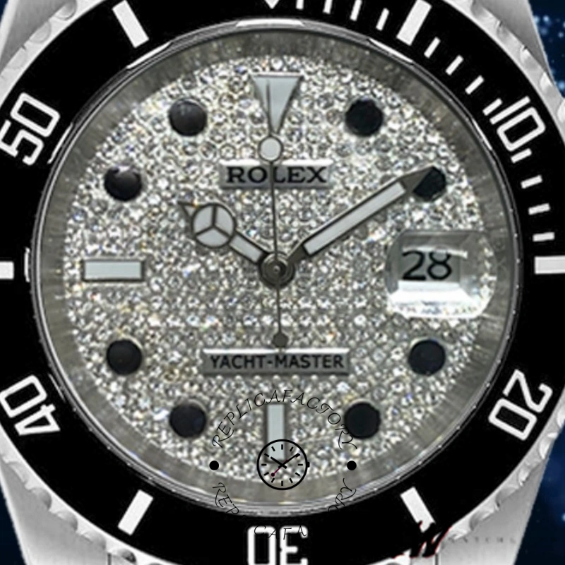 Close-up of Rolex Yacht-Master 116695 diamond pavé dial with date window at 3 o’clock.