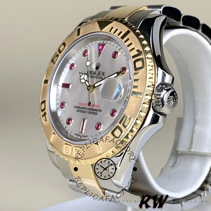 Angled view of Rolex Yacht-Master 16623 showing two-tone case, bezel and bracelet.