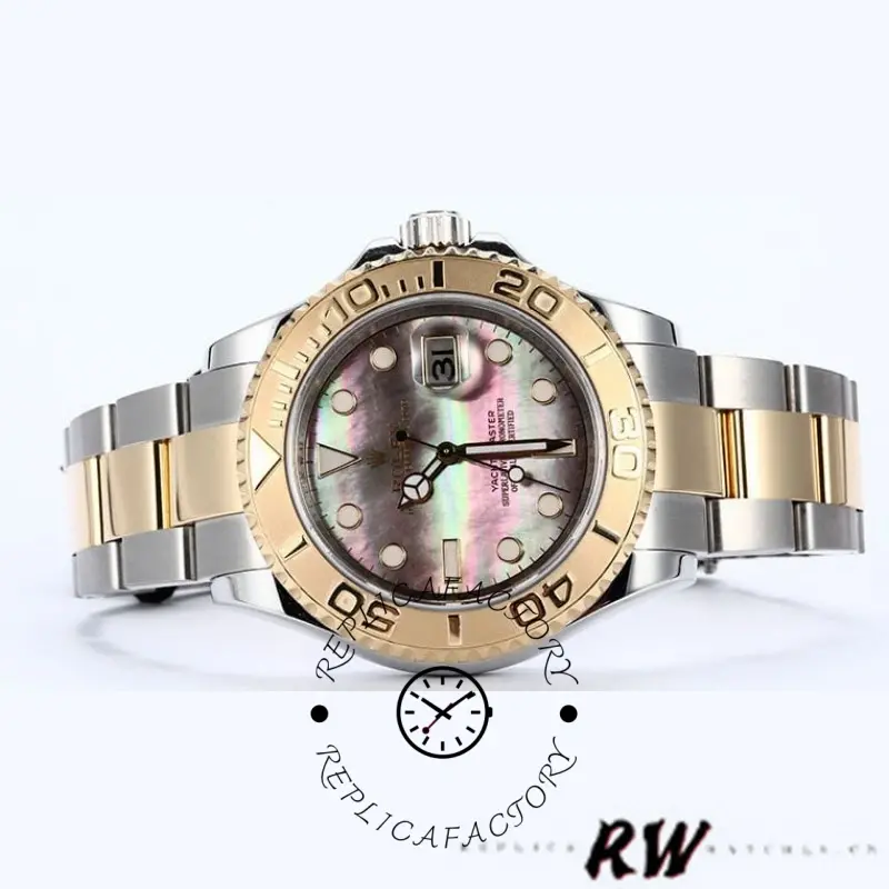 Full watch view of Rolex Yacht-Master 16623, steel/yellow gold bracelet, black MOP dial.