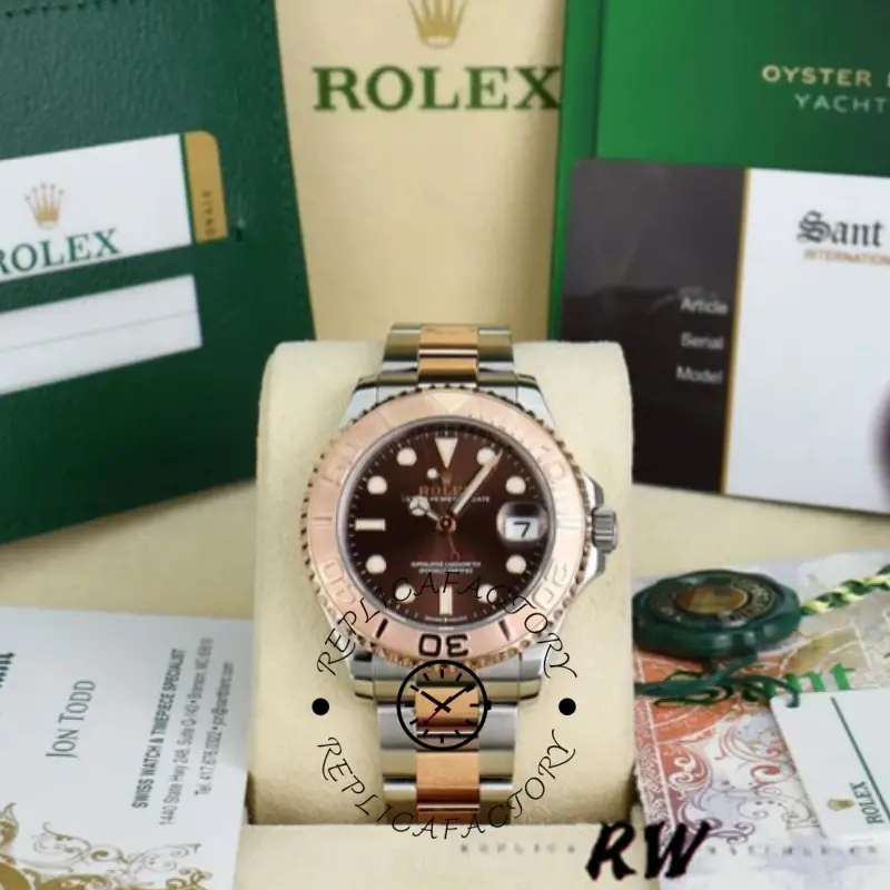 Rolex Yacht-Master 268621 full set display, watch in Rolex box with cards, chocolate dial shown.