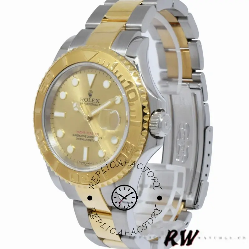 Angled front view of the Rolex Yachtmaster 16623 showing champagne dial and case profile.