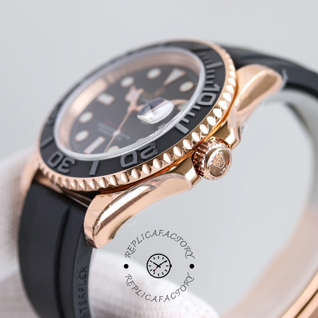 Rolex Yacht-Master 116655, side close-up showing crown and Everose case flank.