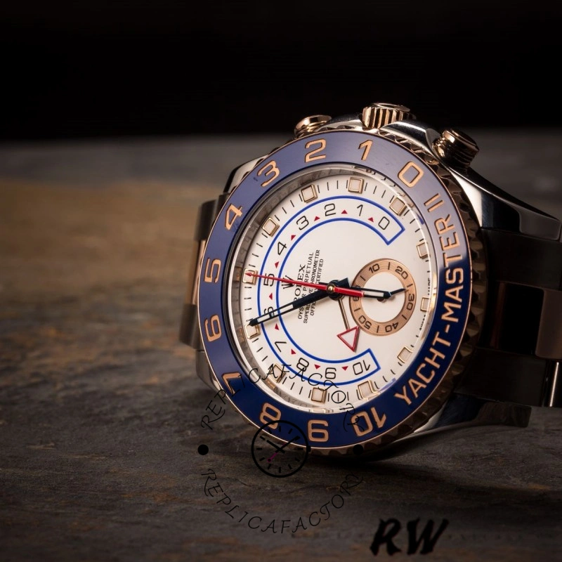 Studio shot of the Rolex Yacht-Master II 116681 on dark background, full dial view.