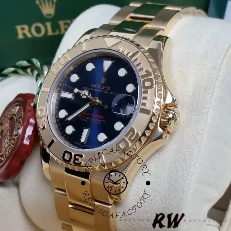 Rolex Yacht-Master 169628 on cushion, front view showing blue dial and gold bezel.