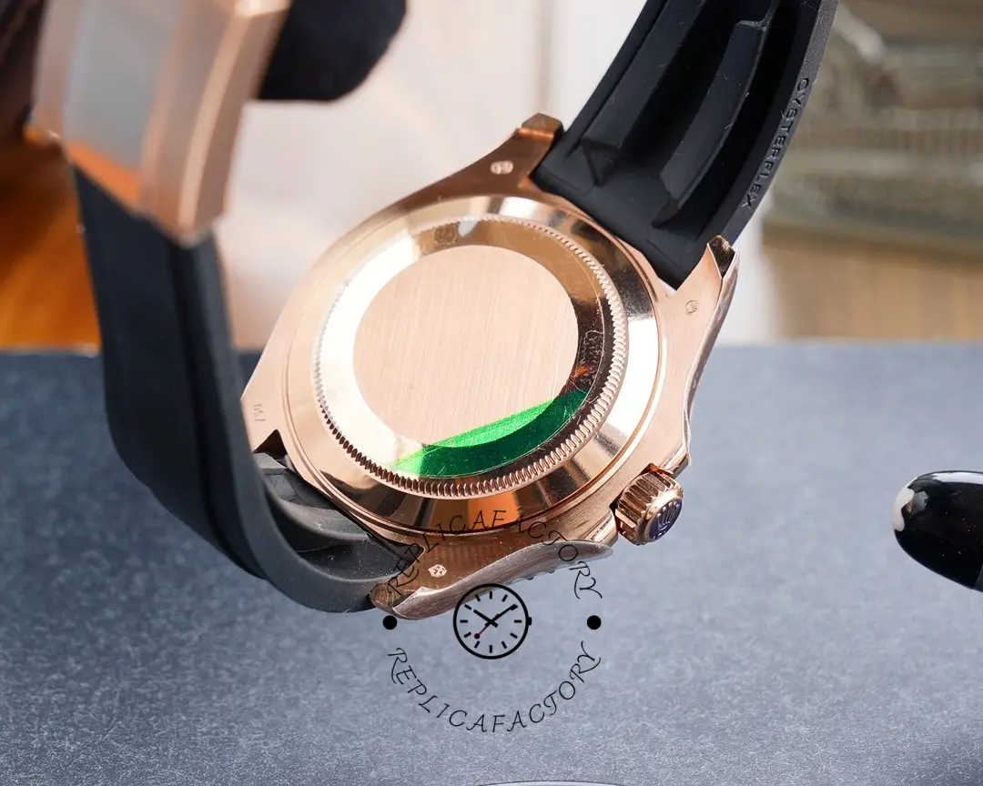 Caseback sticker view of the Rolex Yacht-Master 116695SATS showing protective film on the back.