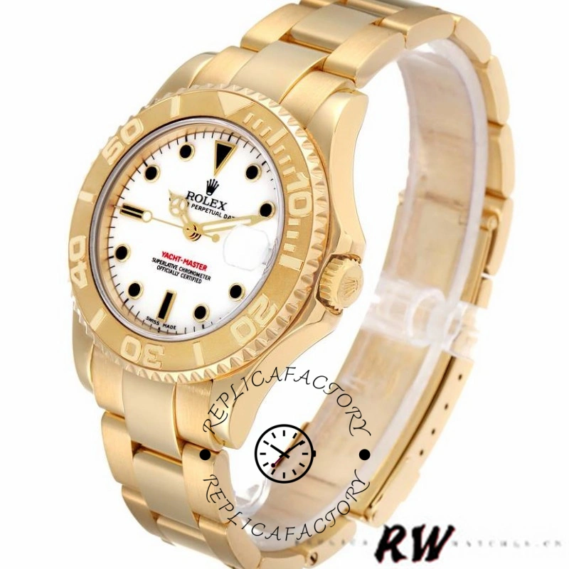 Rolex Yacht-Master 168628, three-quarter view highlighting white dial and gold case.