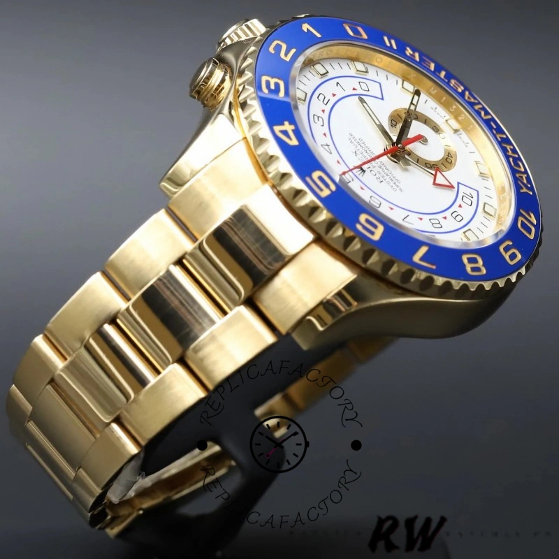 Angled studio shot of Rolex Yacht-Master II 116688 showing gold bracelet and blue bezel.