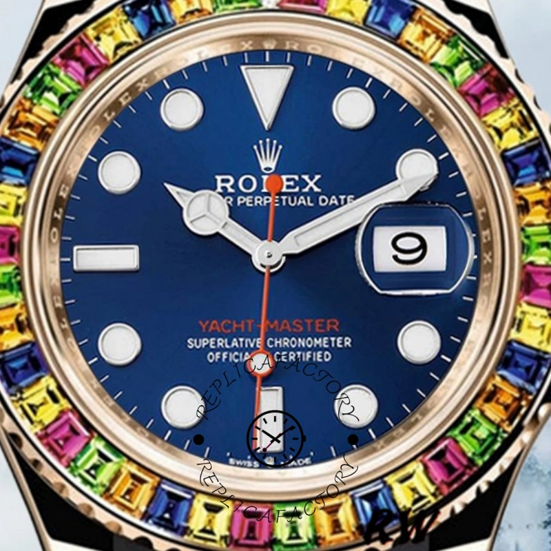 Dial close-up of the Rolex Yacht-Master 116695 showing blue dial text, date window, and rainbow bezel.