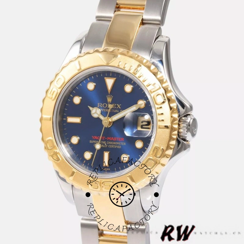 Rolex Yacht-Master 169623 side angle, case profile and bracelet links, blue dial visible.