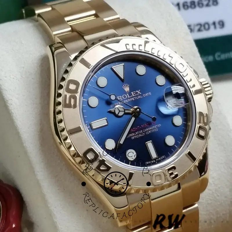 Angled close-up of the Rolex Yacht-Master 169628 showing blue dial, hands, and bezel numerals.