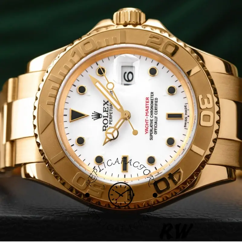 Close-up of the Rolex Yacht-Master 16628 showing white dial, date window, and bezel numerals.