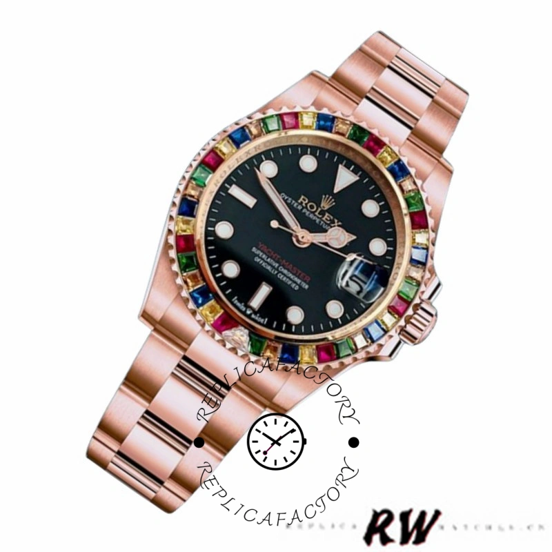 Angled front view of the Rolex Yacht-Master 116695 showing Everose gold case and rainbow bezel.