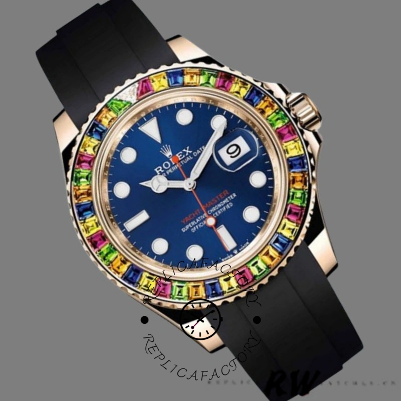 Front angled view of the Rolex Yacht-Master 116695 showing blue dial, rainbow bezel, and crown side.