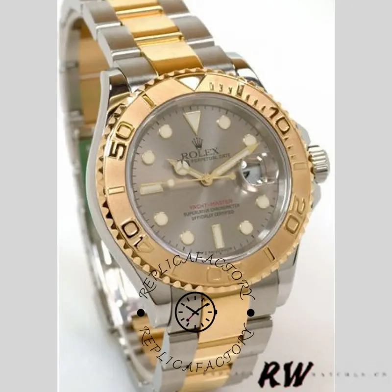 Rolex Yacht-Master 16623, angled view showing gold bezel, grey dial, and two-tone bracelet.