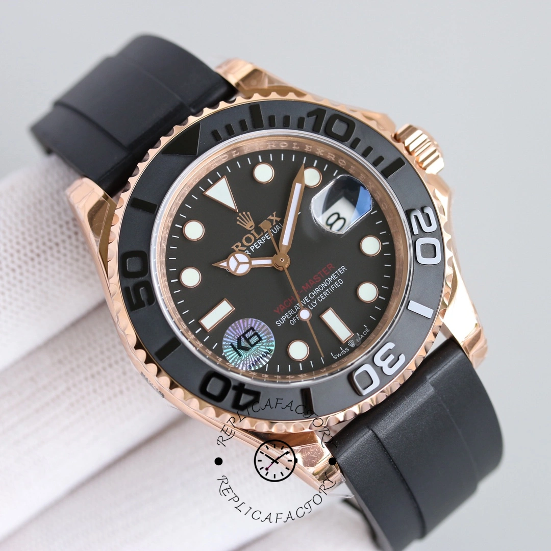 Rolex Yacht-Master 116655, angled view showing Everose case profile.