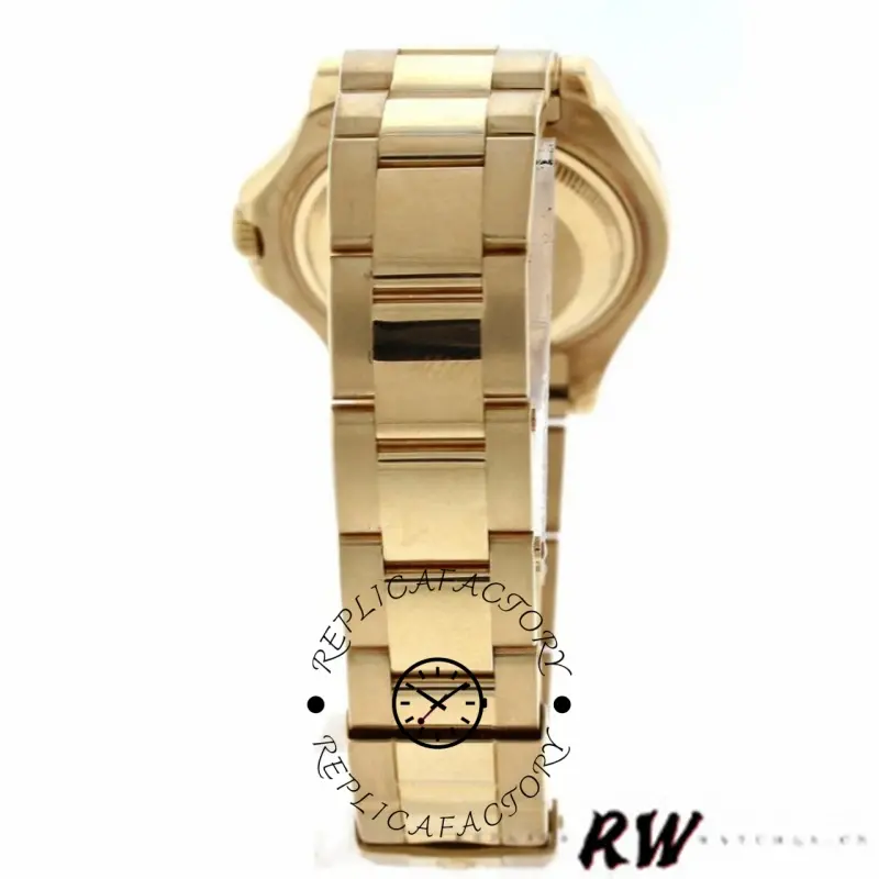Rolex Yacht-Master 169628 bracelet rear view, yellow gold links and clasp, white background.