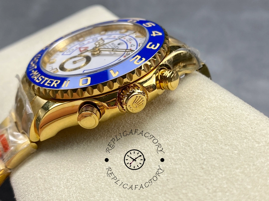 Pusher-side view of Rolex Yacht-Master II 116688 showing chronograph pushers and crown guards.