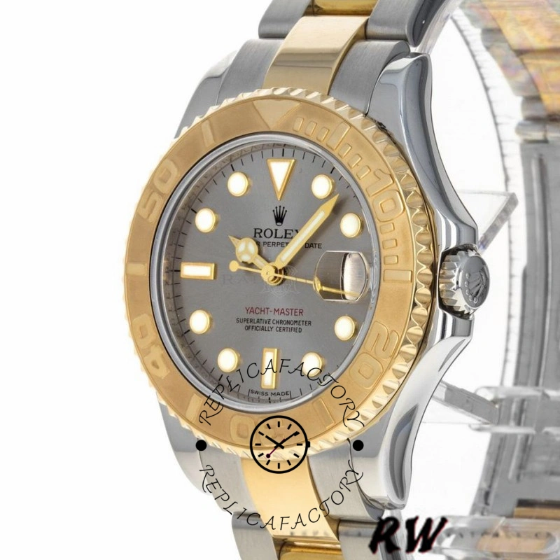 Rolex Yacht-Master 168623, three-quarter view highlighting gold bezel and dial markers.
