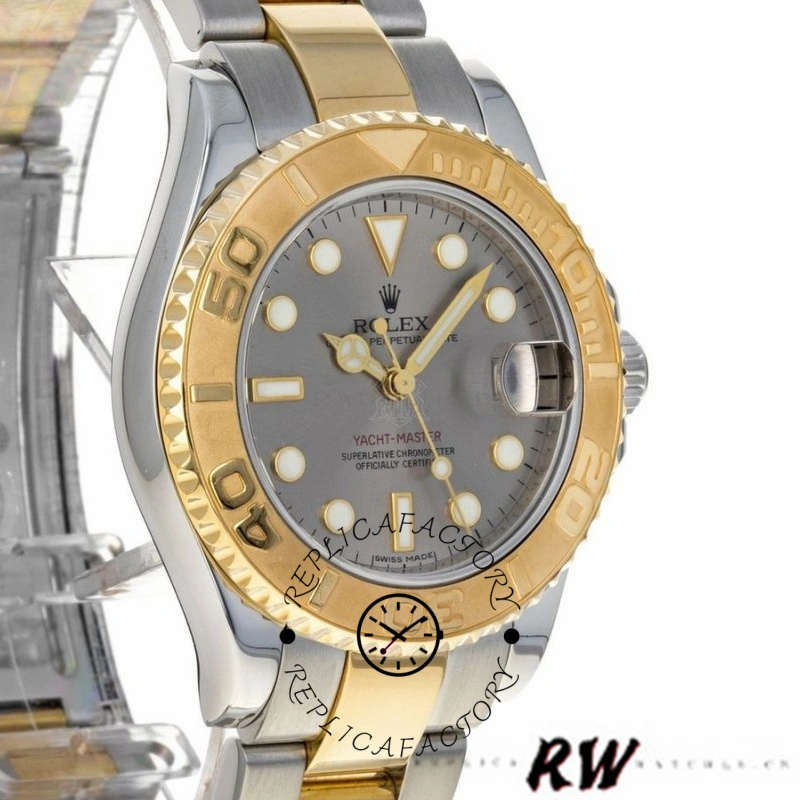 Rolex Yacht-Master 168623, angled view showing platinum dial, gold bezel, and two-tone bracelet.