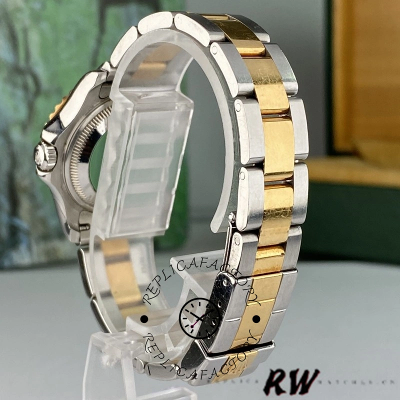 Rolex Yacht-Master 169623 case back view, stainless steel back and two-tone bracelet, rear angle.