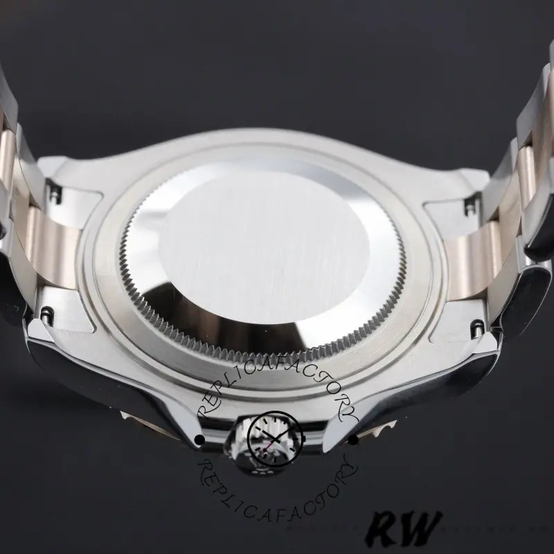 Rolex Yacht-Master 268621 case back studio view, smooth back and rolesor bracelet, rear angle.