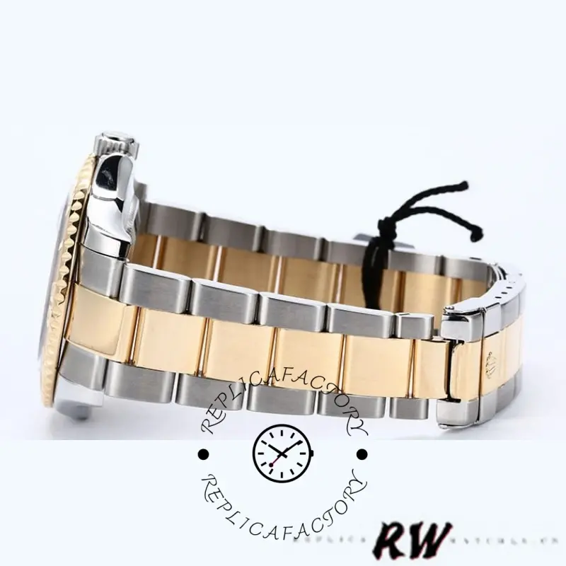 Side view of Rolex Yacht-Master 16623 bracelet, showing steel and yellow gold links and clasp.