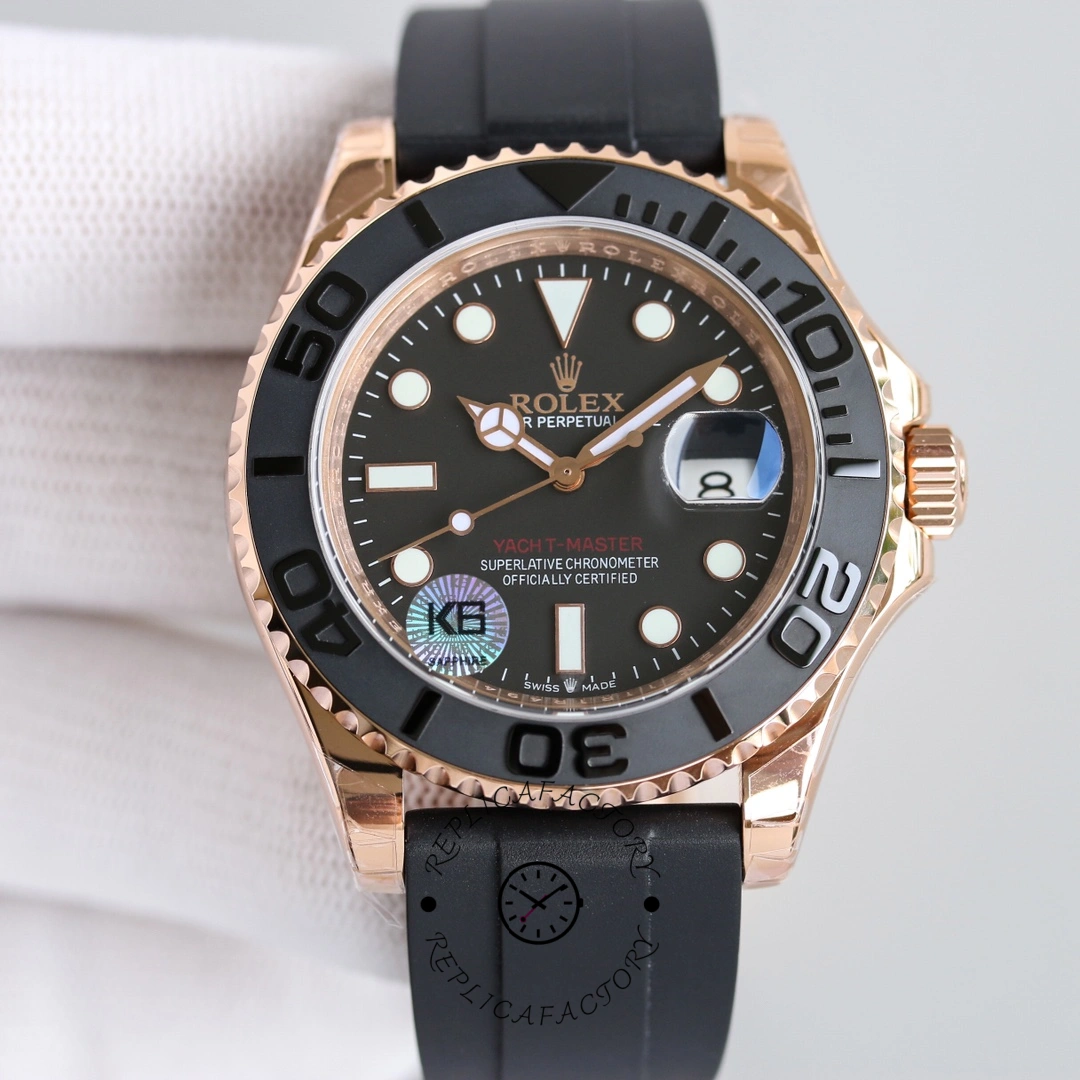 Rolex Yacht-Master 116655, front showing black dial and Everose bezel.