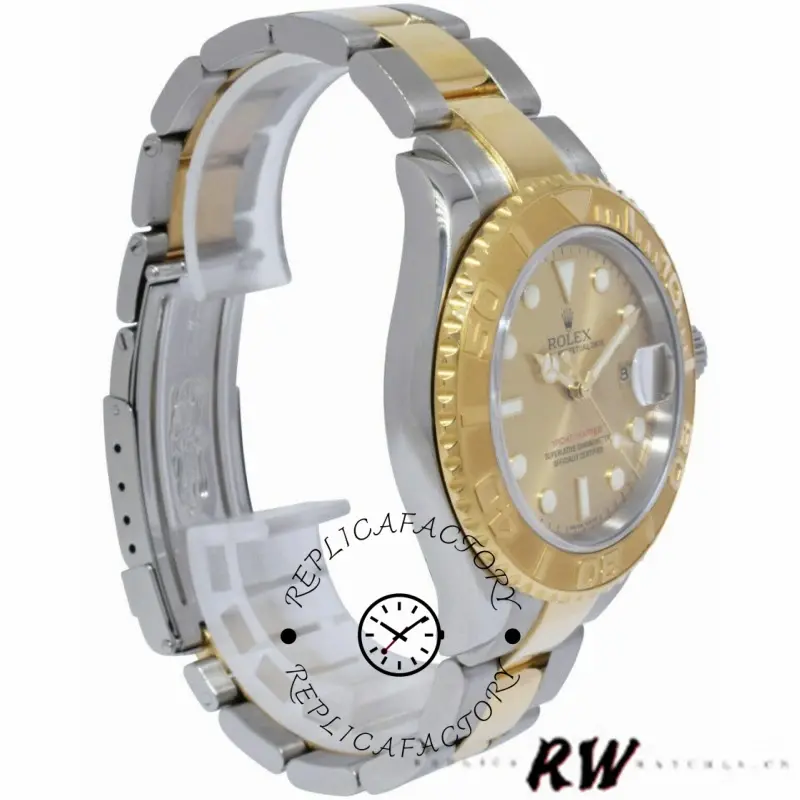 Side-angled view of the Rolex Yachtmaster 16623 showing gold bezel and two-tone bracelet.