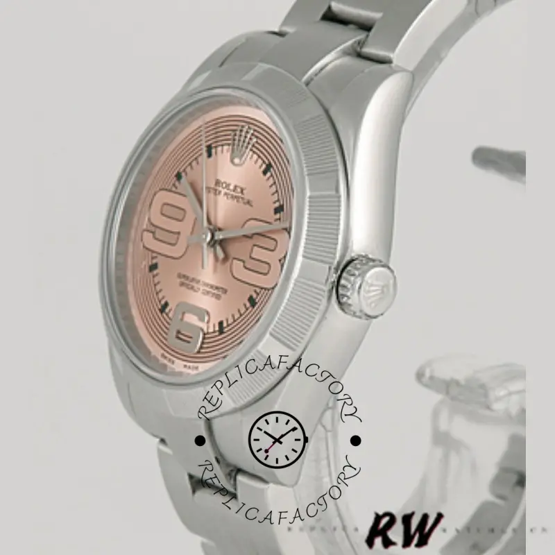 Rolex Oyster Perpetual 177210, angled view with crown, pink maxi Arabic dial, 31mm.