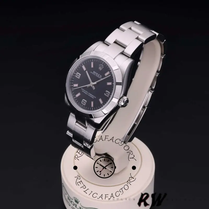 Rolex Oyster Perpetual 177210, angled view on stand showing dial and polished bezel.