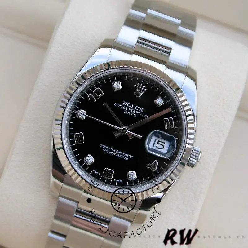 Angled view of Rolex Oyster Perpetual Date 115234 highlighting the black dial, diamonds, and bezel.